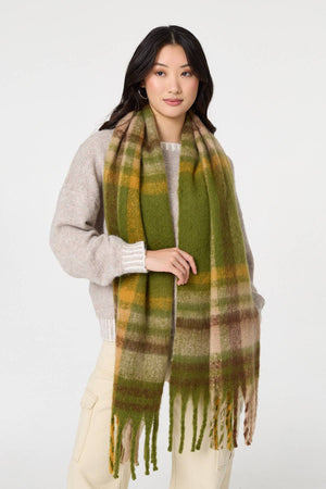 Green | Checked Print Fringed Oversized Scarf
