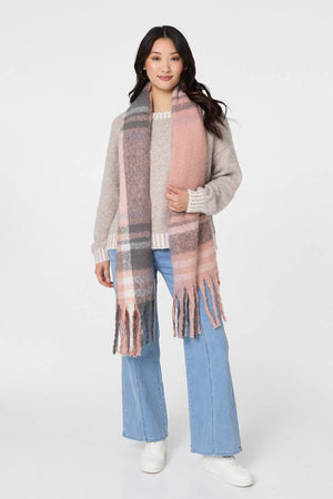 Pink | Checked Print Fringed Oversize Scarf
