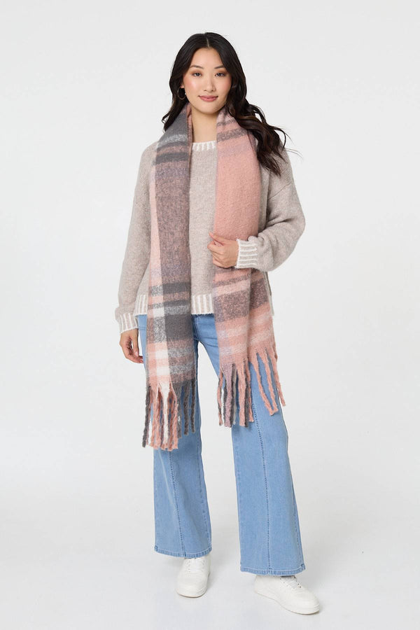 Pink | Checked Print Fringed Oversize Scarf
