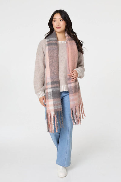 Pink | Checked Print Fringed Oversize Scarf
