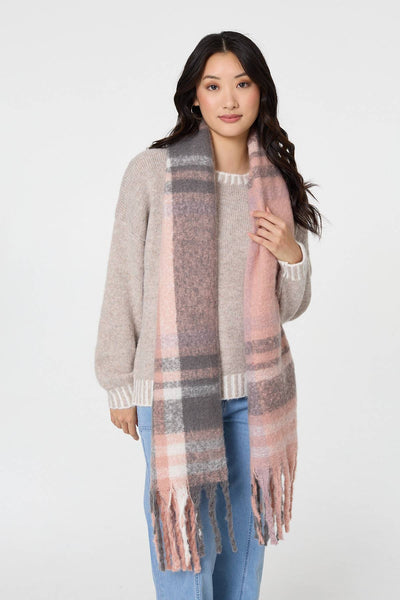 Pink | Checked Print Fringed Oversize Scarf
