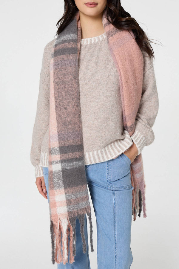 Pink | Checked Print Fringed Oversize Scarf
