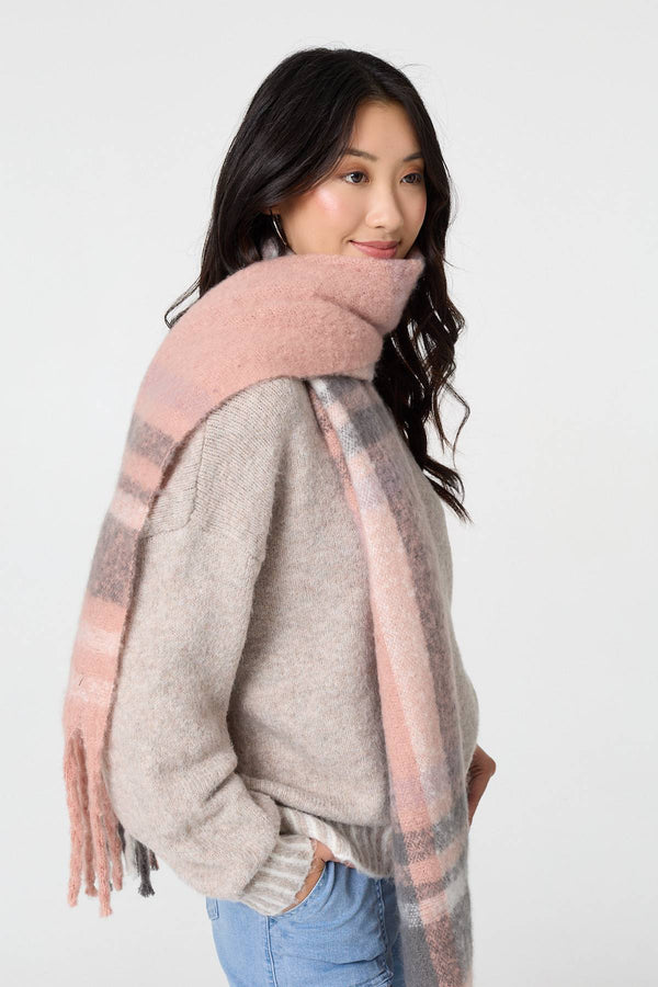 Pink | Checked Print Fringed Oversize Scarf

