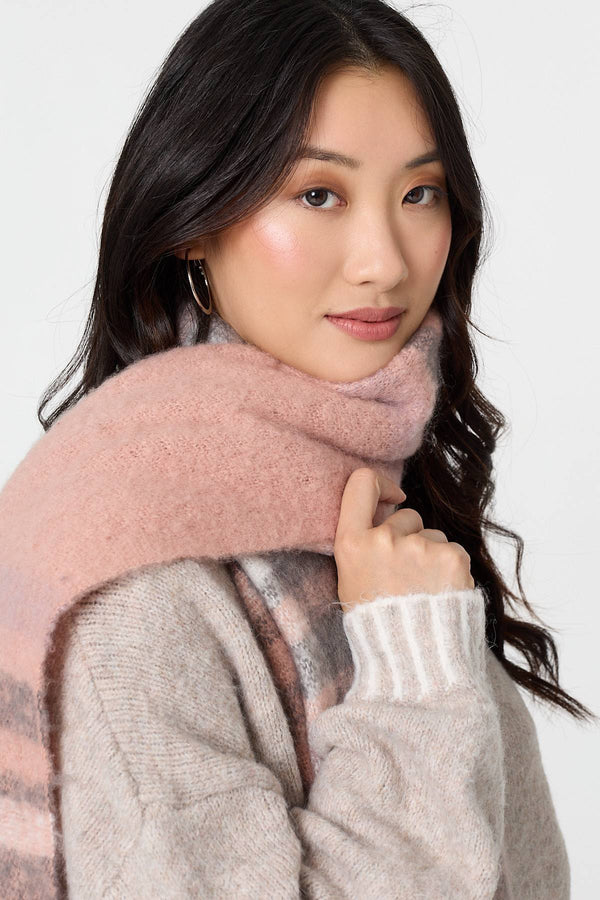 Pink | Checked Print Fringed Oversize Scarf
