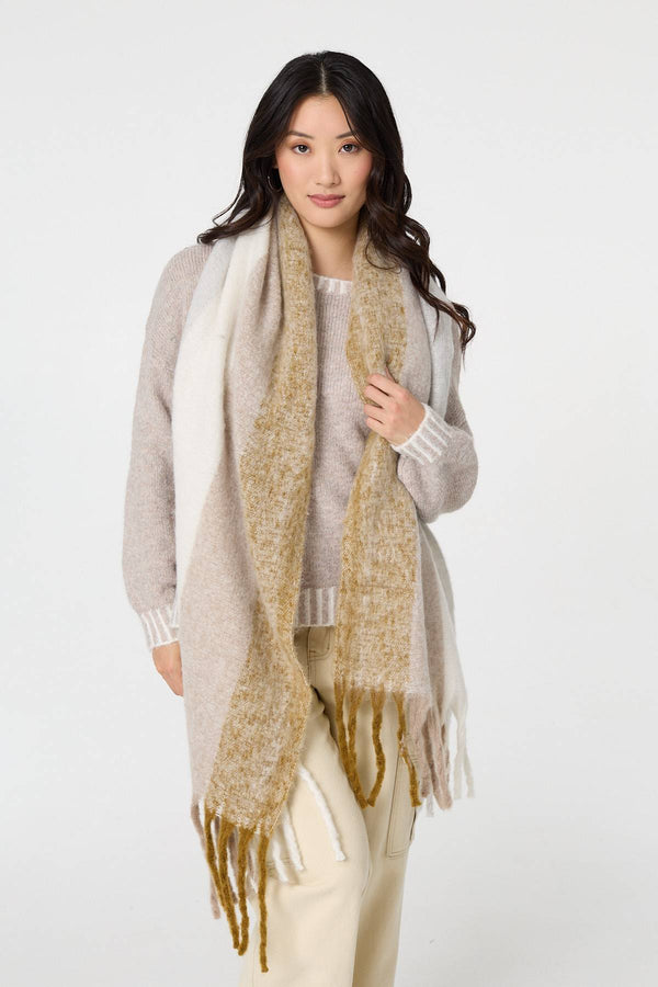 Beige | Striped Print Fringed Oversized Scarf
