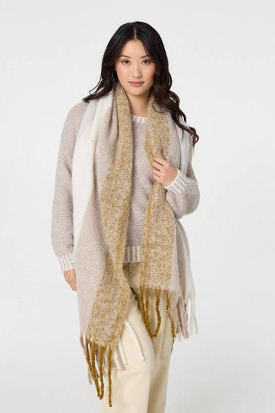 Beige | Striped Print Fringed Oversized Scarf
