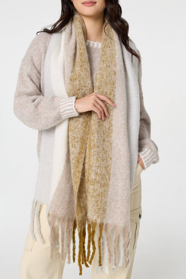Beige | Striped Print Fringed Oversized Scarf
