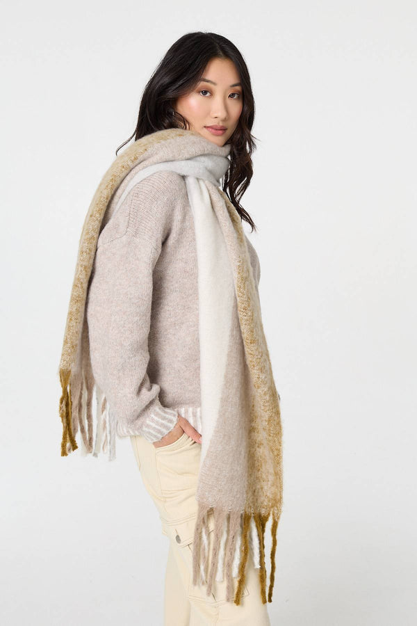 Beige | Striped Print Fringed Oversized Scarf
