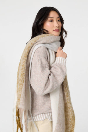 Beige | Striped Print Fringed Oversized Scarf
