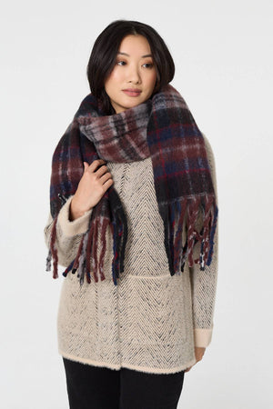 Grey | Tartan Print Oversized Fringed Scarf
