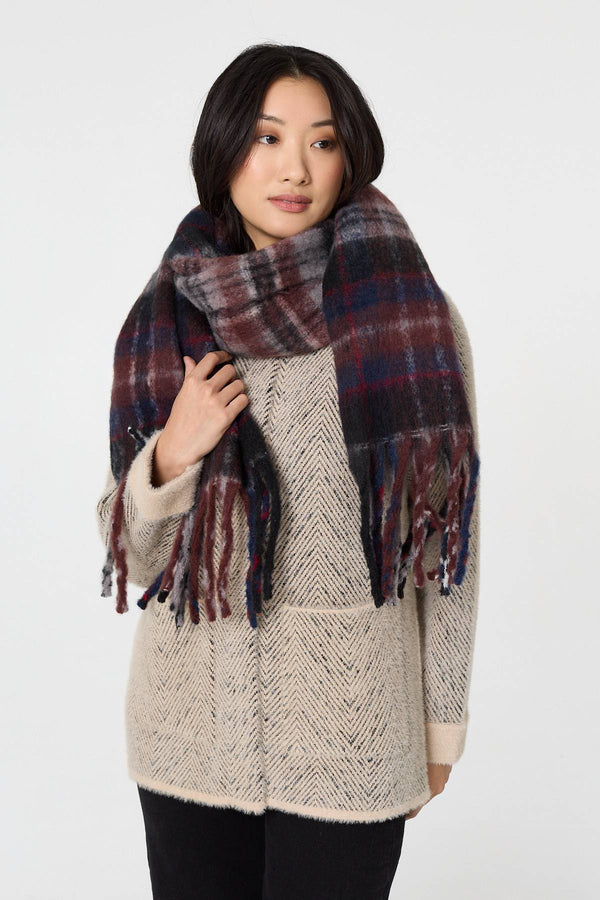 Grey | Tartan Print Oversized Fringed Scarf

