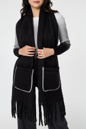 Black | Fringed Contrast Stitch Oversized Scarf
