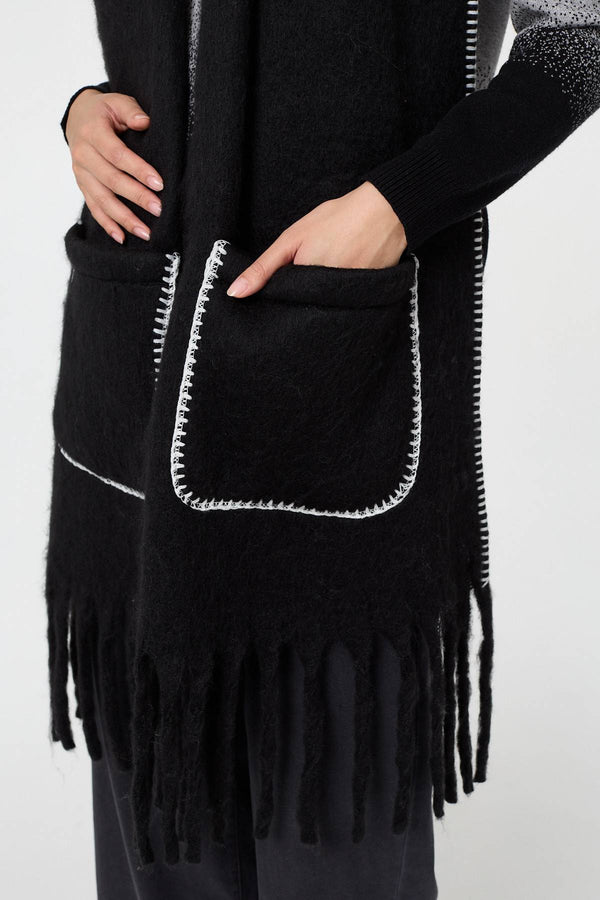 Black | Fringed Contrast Stitch Oversized Scarf
