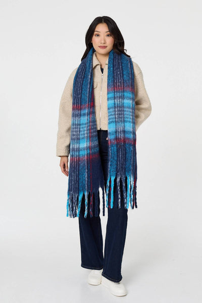 Blue | Tartan Print Fringed Oversized Scarf
