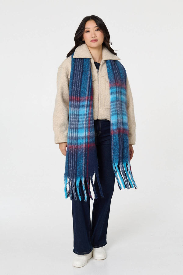 Blue | Tartan Print Fringed Oversized Scarf
