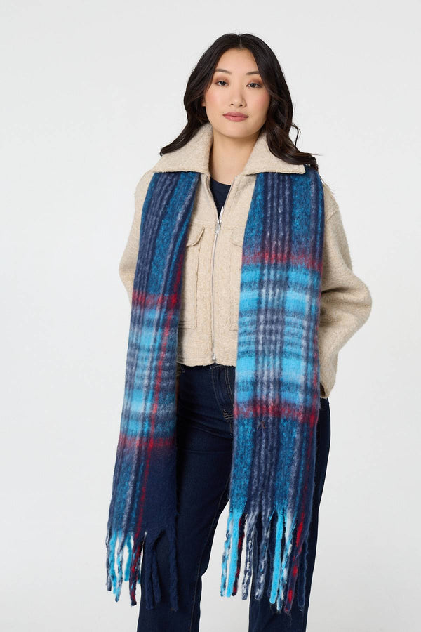 Blue | Tartan Print Fringed Oversized Scarf
