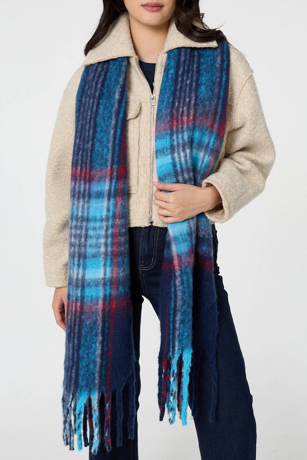 Blue | Tartan Print Fringed Oversized Scarf
