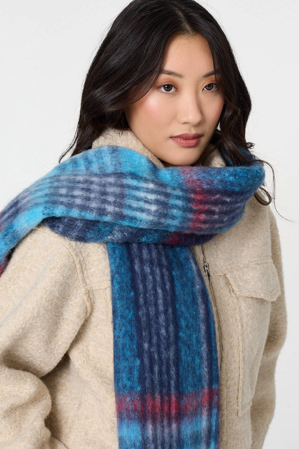 Blue | Tartan Print Fringed Oversized Scarf
