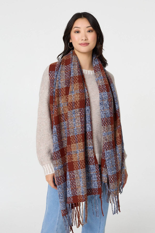 Blue | Checked Print Oversized Fringe Scarf
