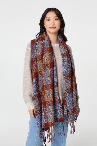 Blue | Checked Print Oversized Fringe Scarf
