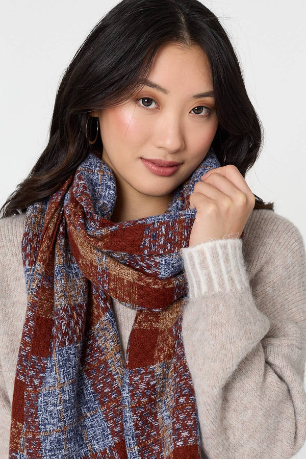 Blue | Checked Print Oversized Fringe Scarf
