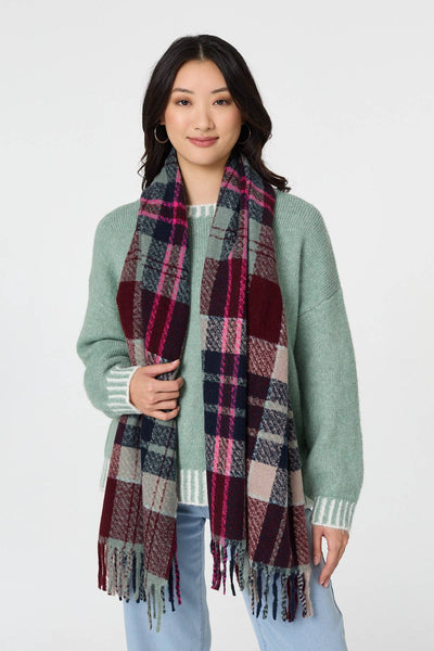 Purple | Checked Print Fringe Oversized Scarf

