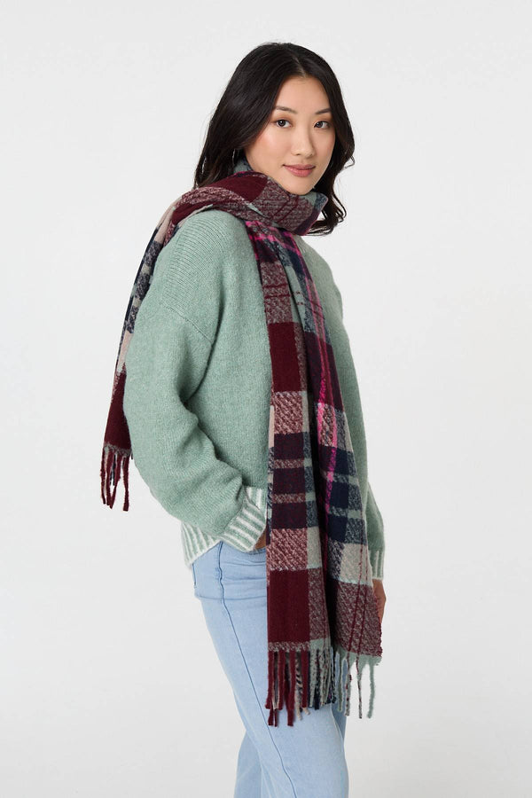 Purple | Checked Print Fringe Oversized Scarf
