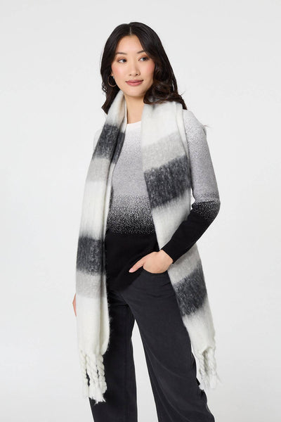 Black | Striped Print Oversized Fringed Scarf
