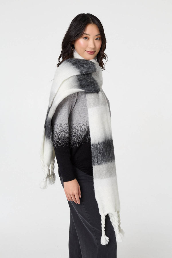 Black | Striped Print Oversized Fringed Scarf
