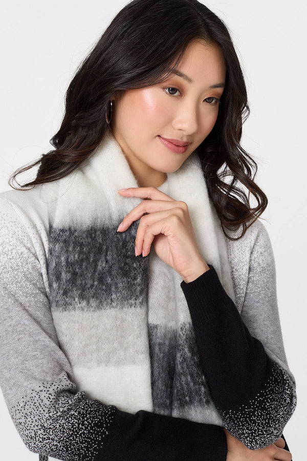 Black | Striped Print Oversized Fringed Scarf
