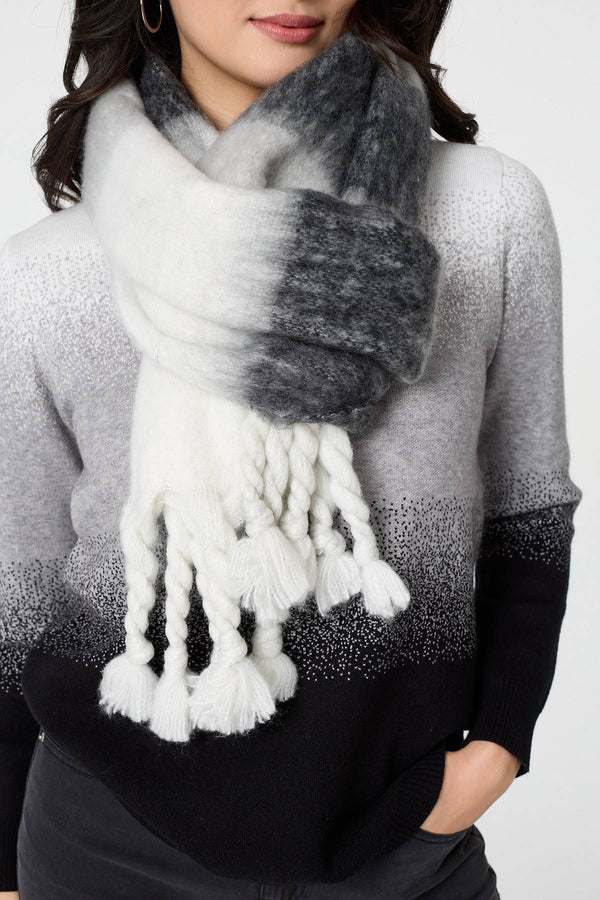 Black | Striped Print Oversized Fringed Scarf
