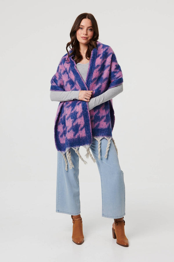 Blue | Houndstooth Print Oversize Fringed Scarf
