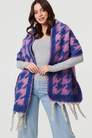 Blue | Houndstooth Print Oversize Fringed Scarf
