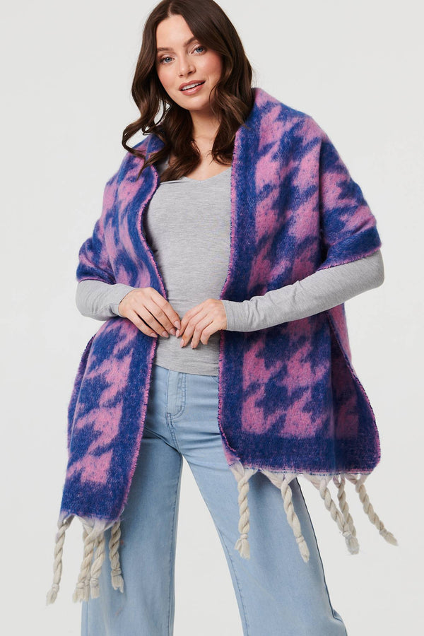 Blue | Houndstooth Print Oversize Fringed Scarf
