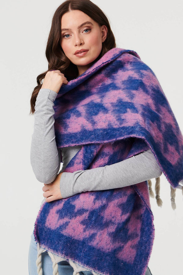 Blue | Houndstooth Print Oversize Fringed Scarf
