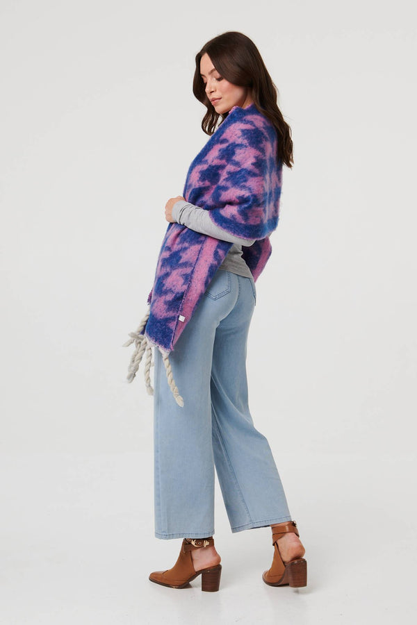 Blue | Houndstooth Print Oversize Fringed Scarf
