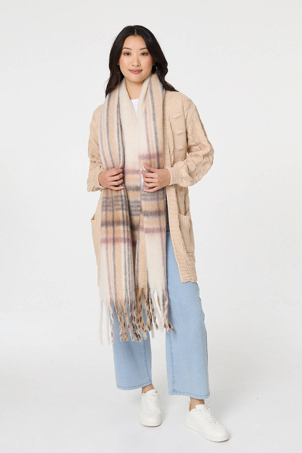 Beige | Checked Print Oversize Fringed Scarf
