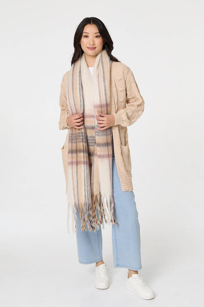 Beige | Checked Print Oversize Fringed Scarf
