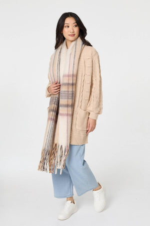Beige | Checked Print Oversize Fringed Scarf
