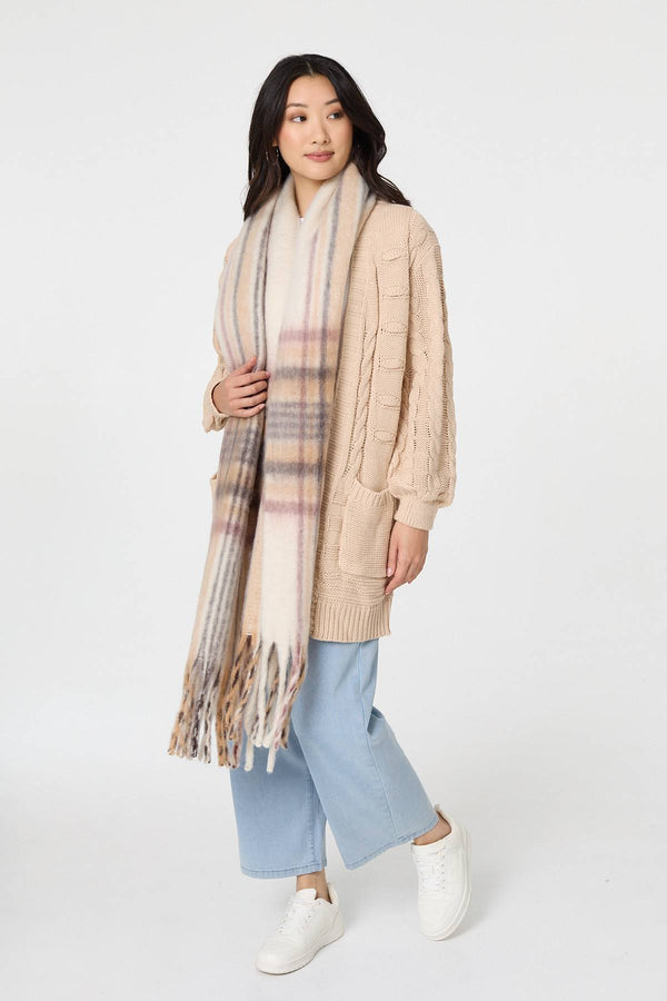 Beige | Checked Print Oversize Fringed Scarf
