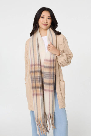Beige | Checked Print Oversize Fringed Scarf
