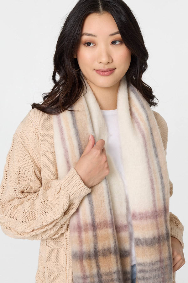 Beige | Checked Print Oversize Fringed Scarf
