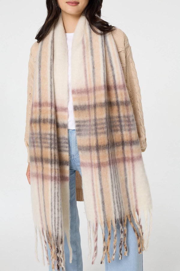 Beige | Checked Print Oversize Fringed Scarf
