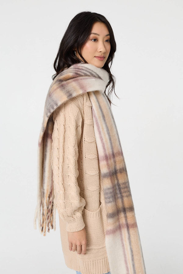 Beige | Checked Print Oversize Fringed Scarf
