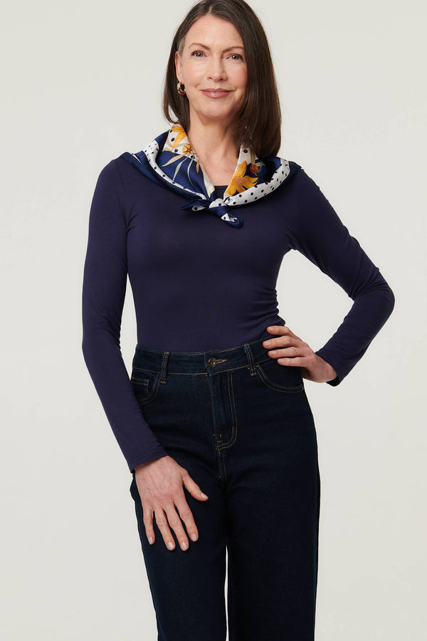 Navy | Floral Border Print Satin Texture Scarf