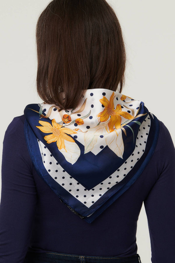 Navy | Floral Border Print Satin Texture Scarf