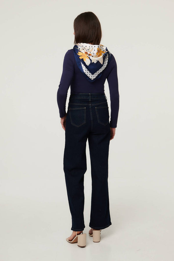 Navy | Floral Border Print Satin Texture Scarf