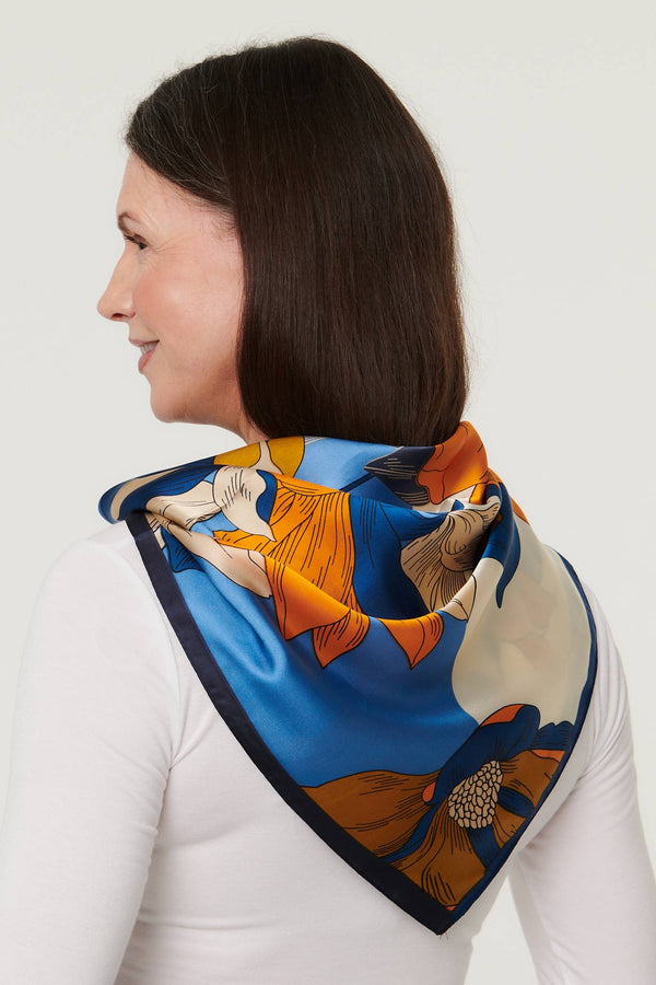 Orange | Floral Satin Texture Square Scarf