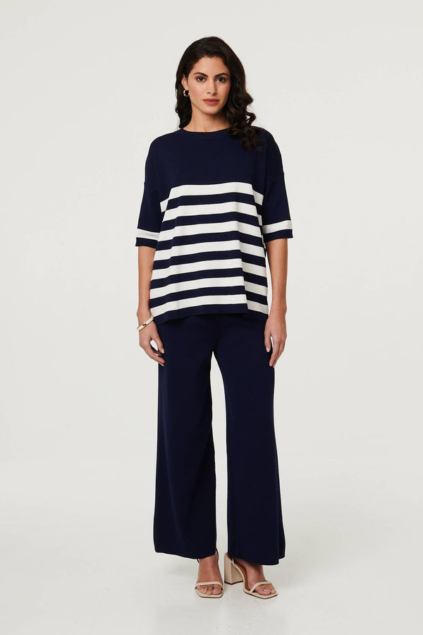 Navy | Knit Texture Relaxed Top & Trousers Set : Model is 5'8"/172 cm and wears UK8/EU36/US4/AUS8