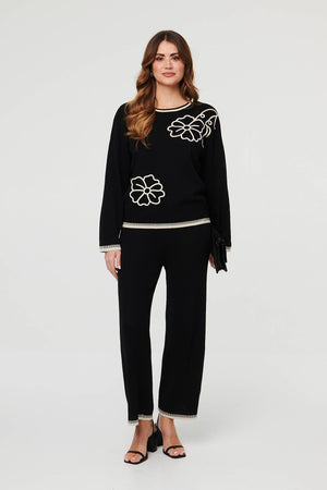 Black | Floral Trim Jumper & Trousers Co-Ord Set
